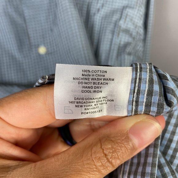 David Donahue Mens Plaid Button Up Trim Shirt in Blue Grey Size 17 Neck - Picture 7 of 7